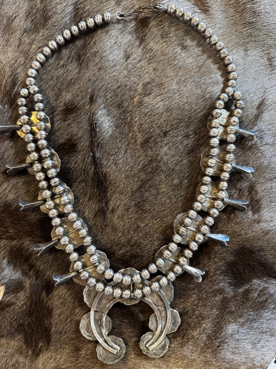 Genuine Turquoise and Sterling Silver Bench Beaded Squash Blossom and Naja Pend - Picture 2 of 4